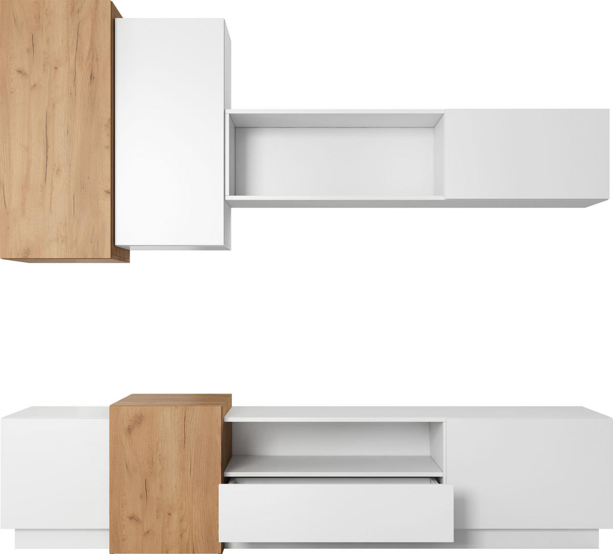 WOHNWAND Grida 4er Set in Weiß Matt mit Eiche Craft Hellbraun 220/54/45 cm - Weiß, Holzwerkstoff (300/180/45cm) - WFL GROUP