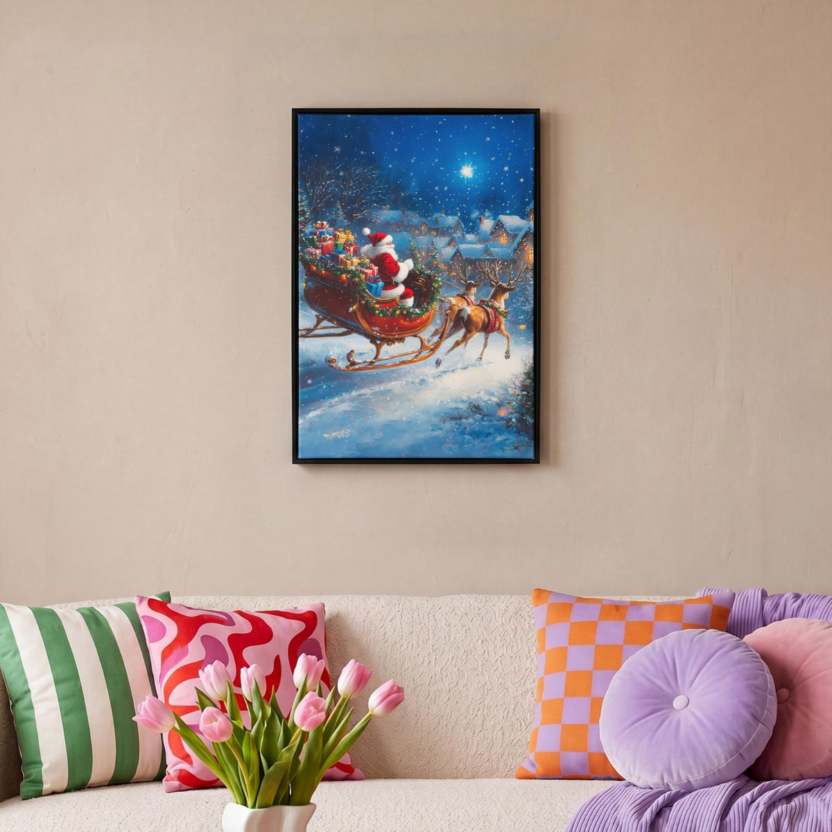 LEINWAND Bilder mit Rahmen - Weihnachtsmann - Rentier - Weihnachten - Schnee - 40x60 - Cognac, Textil (40/60cm) - MuchoWow
