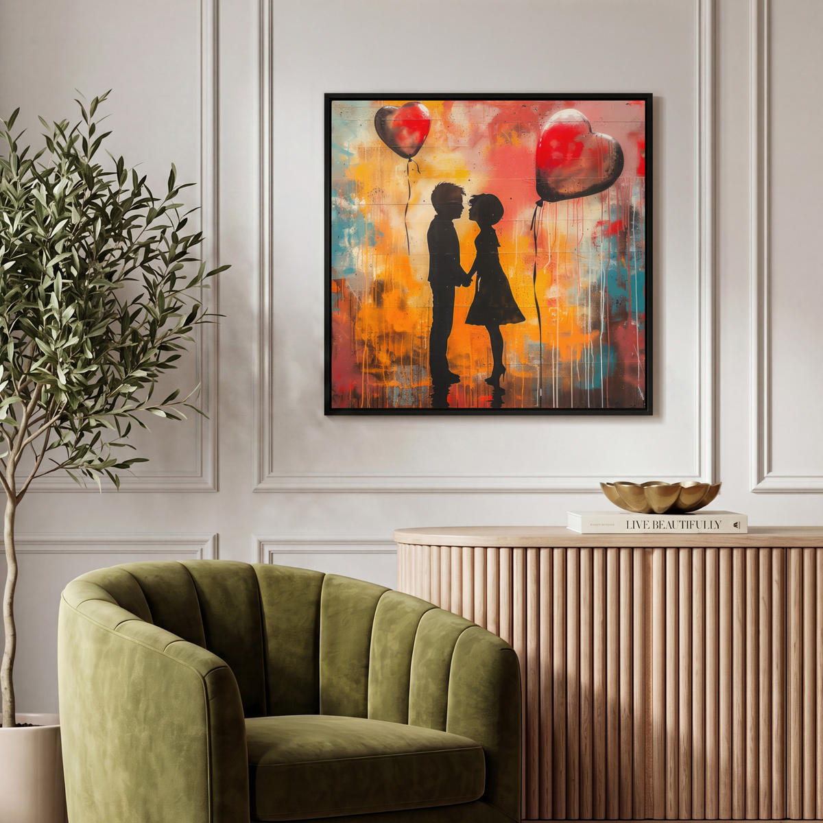 LEINWAND Bilder mit Rahmen - Straßenkunst - Liebe - Graffiti - Kunst - Banksy - 50x50 - Orange, Textil (50/50cm) - MuchoWow