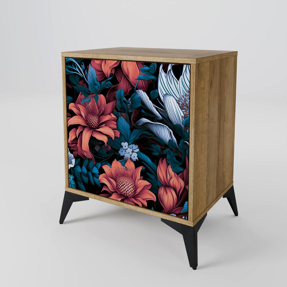 SIDEBOARD ETHEREAL BLOSSOMS, Eichefarben, 57,5x42x67,5 cm, Schwarze Metall-Rahmenfüße - Eichefarben/Multicolor, Holzwerkstoff/Metall (57.5/67.5/42cm) - SpaceRebels