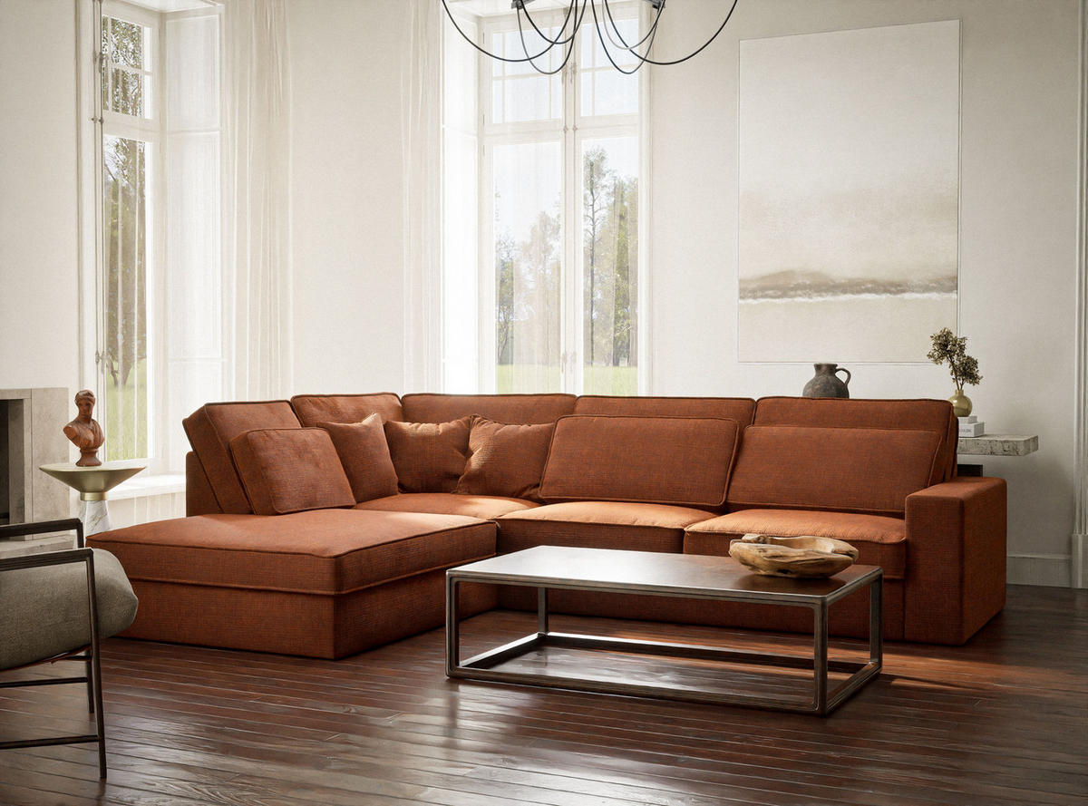 ECKSOFA Kirou Kupferfarbe Chenille-Stoff - Links Seite - Schwarz/Kupferfarben, Holz/Holzwerkstoff (225/311cm) - Maison de Reve