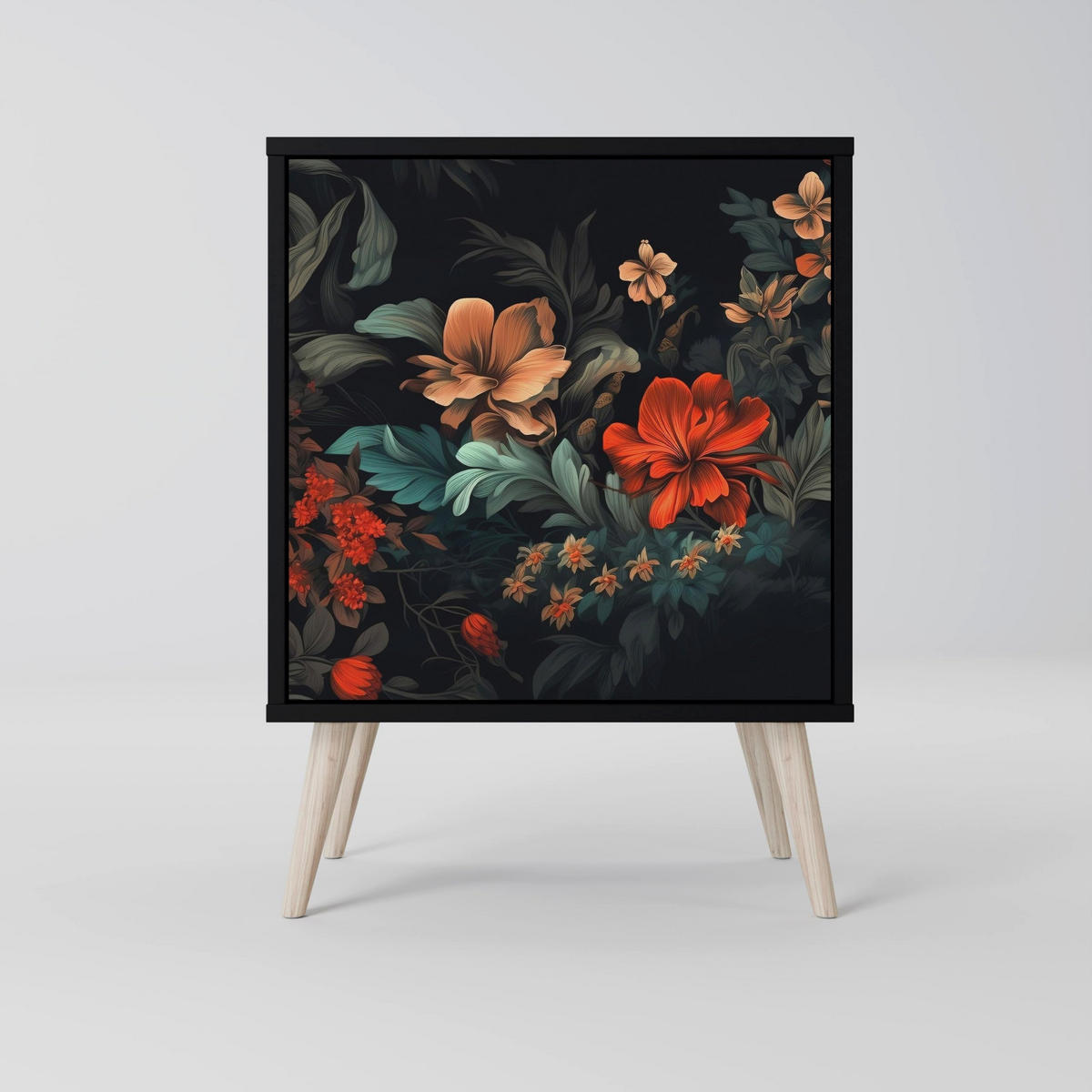 SIDEBOARD IMAGINARY BLOSSOM, Schwarz, 57,5x42x67,5 cm, Schwarze Metall-Rahmenfüße - Multicolor/Schwarz, Holzwerkstoff/Metall (57.5/67.5/42cm) - SpaceRebels