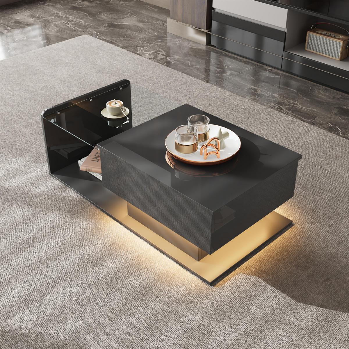 COUCHTISCH Schwarz Hochglanz mit LED, Glasplatte und Schublade - Schwarz, Metall (100/50/47cm)