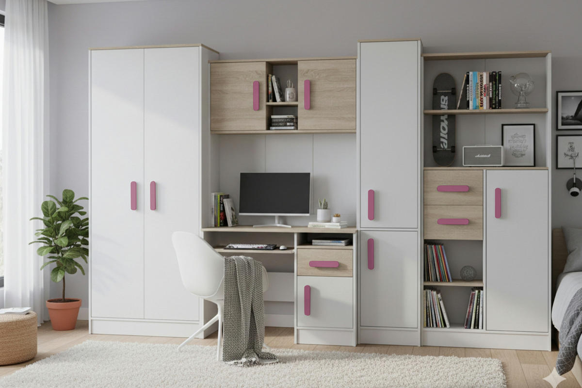 KINDERZIMMER MIKI Korpus Weiß | Griffe Rosa - Rosa/Weiß, Holz/Holzwerkstoff (300/197/52cm) - Deine Möbel 24