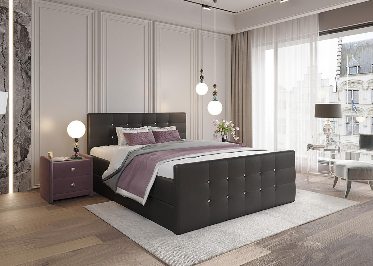 BOXBETT Paris Schwarzes Kunstleder 180x200 cm Bettkasten + Topper - Schwarz, Leder/Holz (180/200cm) - Comfortic