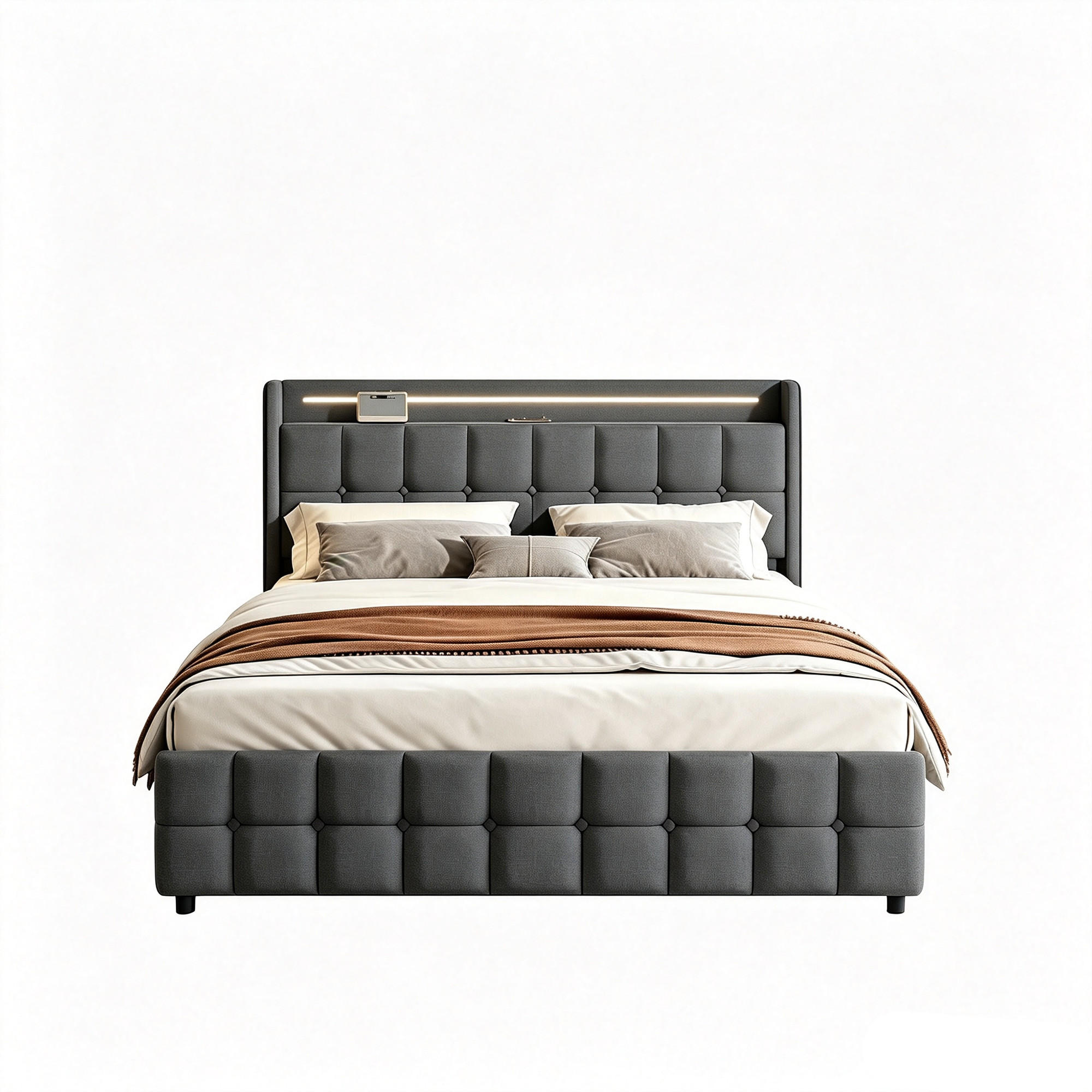 POLSTERBETT 160x200 mit Stauraum, Bettgestell 160x200 mit 4 Schubladen, Kopfteil mit USB und LED, Lattenrost, Bezug aus Leinen, Grau - Grau, Holz/Holzwerkstoff (160/200cm) - GENKI LIVING