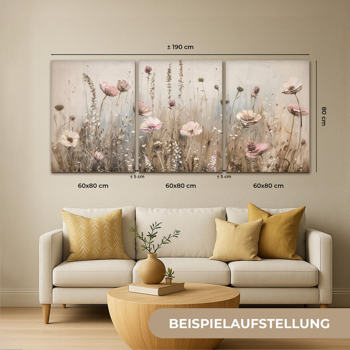 LEINWANDBILD 3er Set Blumen - Beige - Modern - Rosa 180x80 cm - Ecru, Textil (180/80cm) - MuchoWow