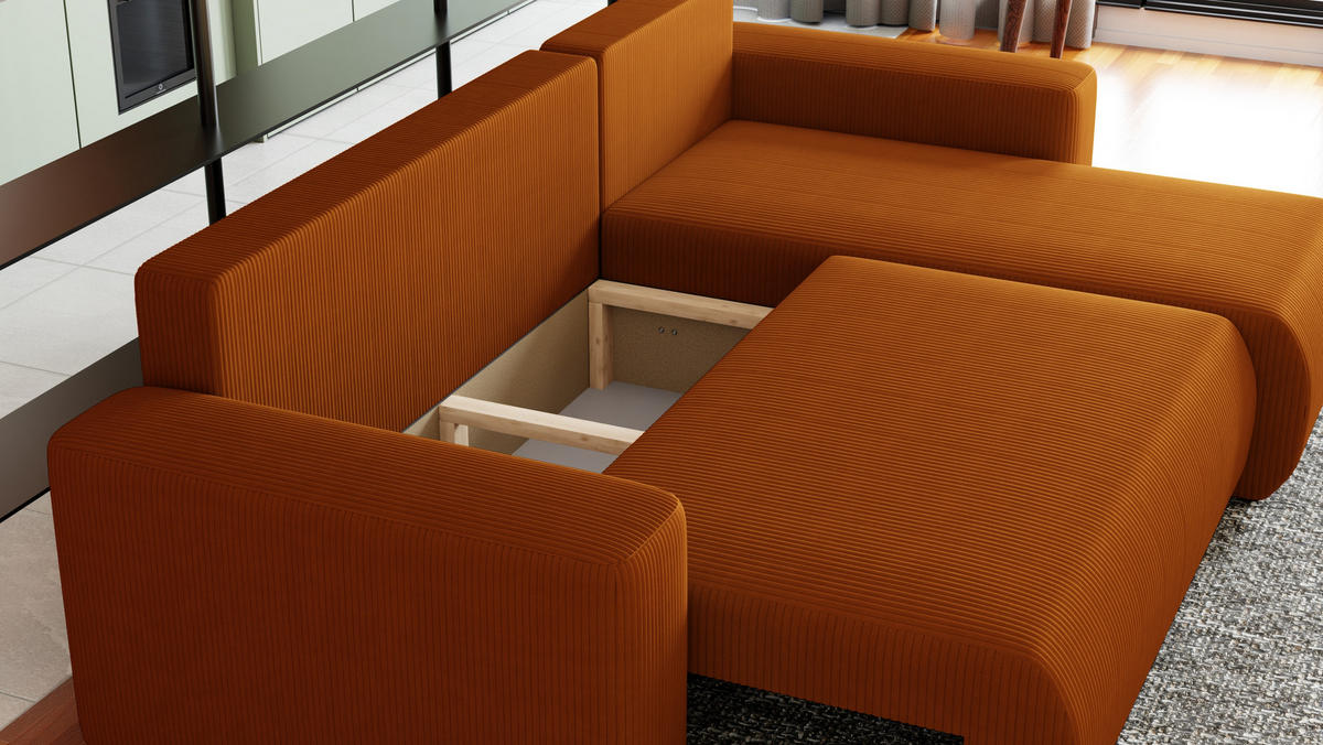 ECKSOFA Travis mit Bettkasten und Schlaffunktion, L-Form, Cord, Universal - Rostfarben, Holzwerkstoff (248/148cm) - 4ALL HOME