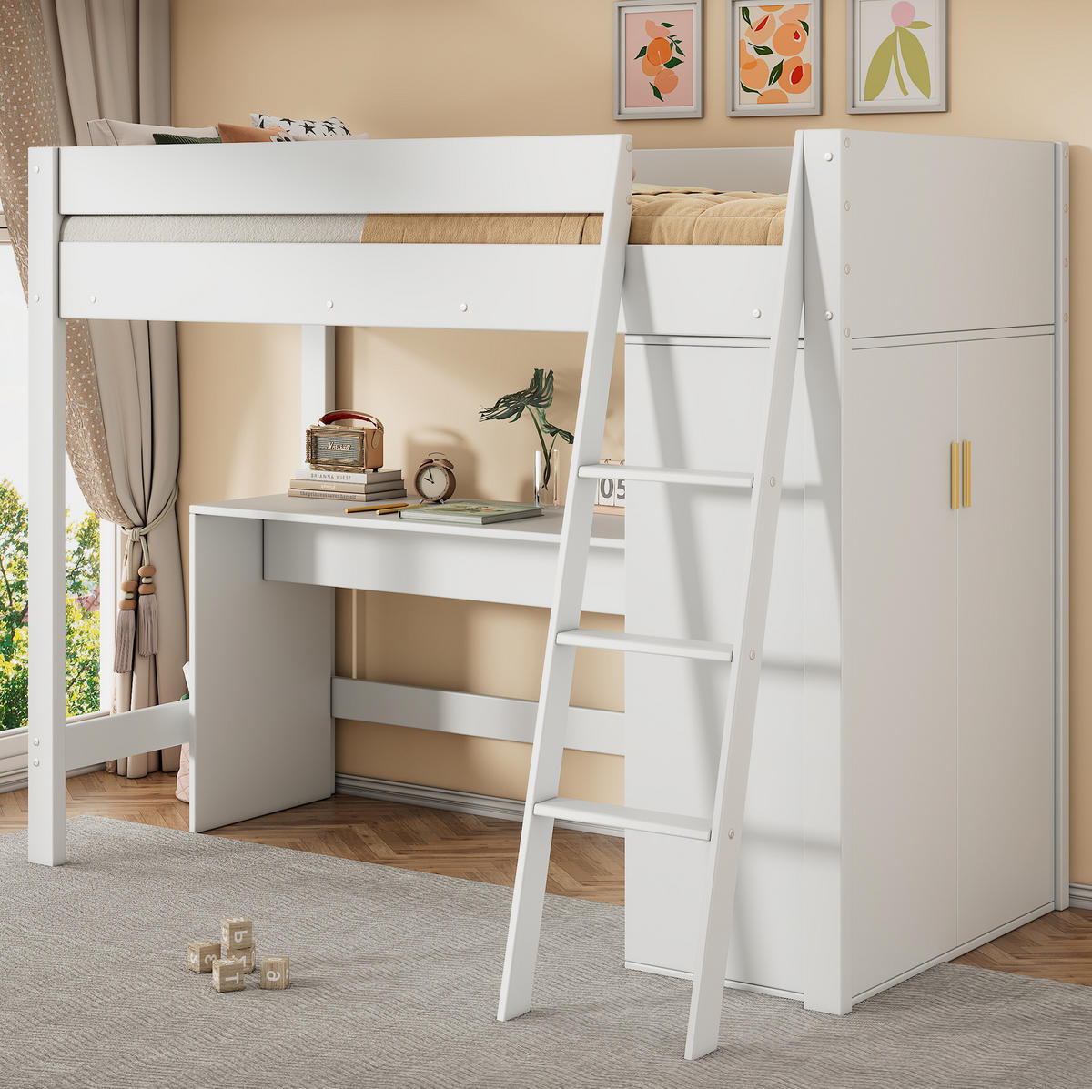 HOCHBETT 90/200 cm in Weiß – mit Schreibtisch, Kleiderschrank und Leiter - Weiß, Holzwerkstoff (90/200cm) - BEAOK