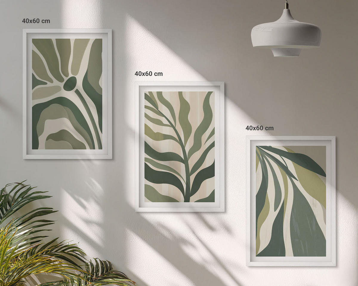 WANDBILDER 3er-Set - 40x60 cm Weißer Rahmen - Illustrationen gemalter grüner Blätter - Weiß, Kunststoff (40/60cm) - ArtPrintCave