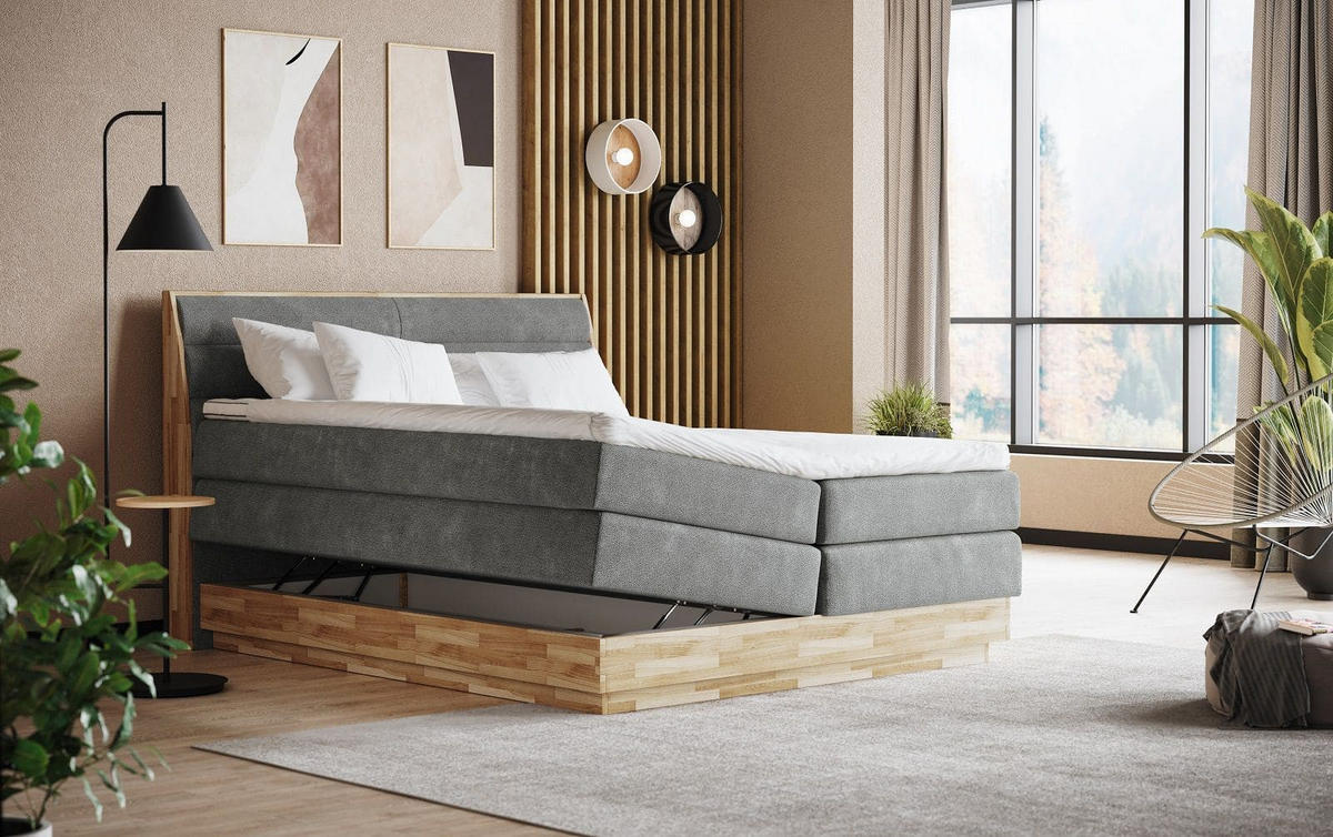 BOXSPRINGBETT 140/160/180x200 – inkl. Bettkasten, 7‑Zonen‑Taschenfederkern-Matratze und Topper - Eichefarben/Anthrazit, Holz/Textil (200/200cm) - Cotta