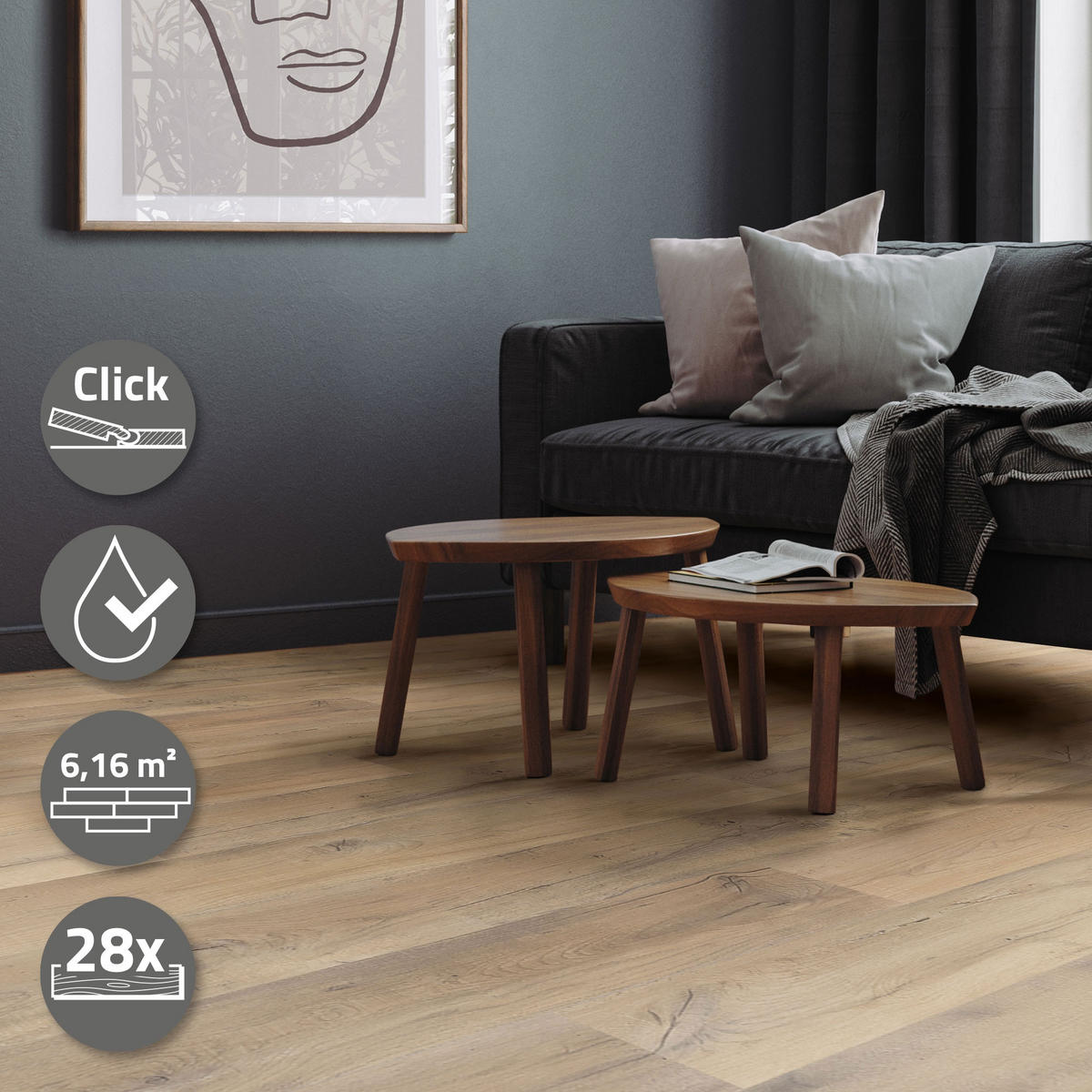 VINYLOVÁ PODLAHA s klikovým systémem 6,16 m²/28 lamel PVC podlahová krytina dub rustikální světlý vzhled dřeva - barva dubu, plast/umělá hmota (122/18/0.42cm) - ML-DESIGN