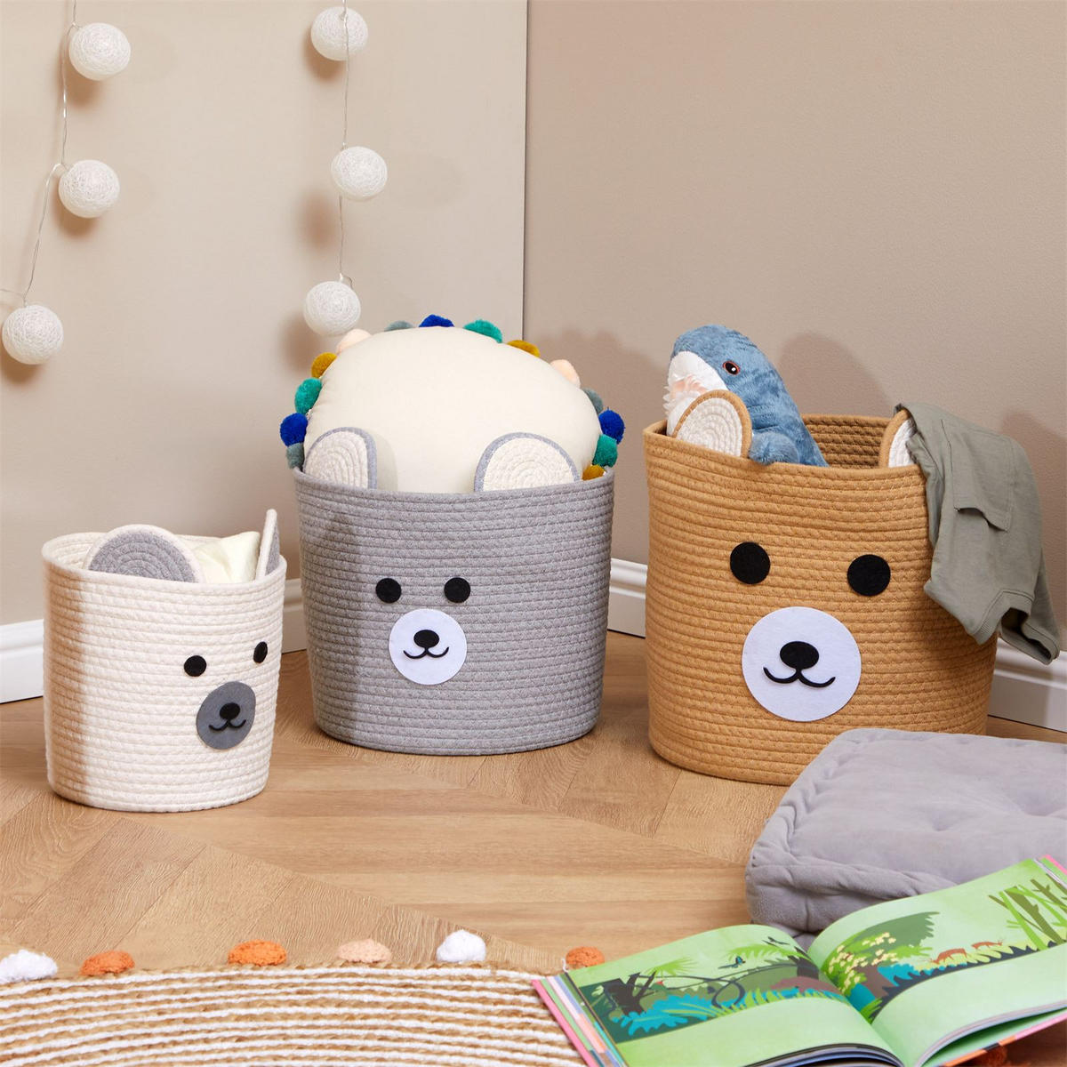 KINDERZIMMER AUFBEWAHRUNGSKÖRBE TANKA 3er Set weiß/grau - Weiß/Grau, Textil (33/30/33cm) - IDIMEX