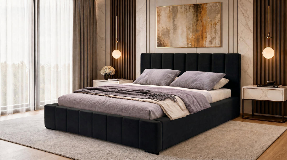 MARPUR Polsterbett NERO 180x200 cm mit Bettkasten und Lattenrost, Schwarz - Chromfarben/Schwarz, Holz/Holzwerkstoff (180/200cm) - Marpur