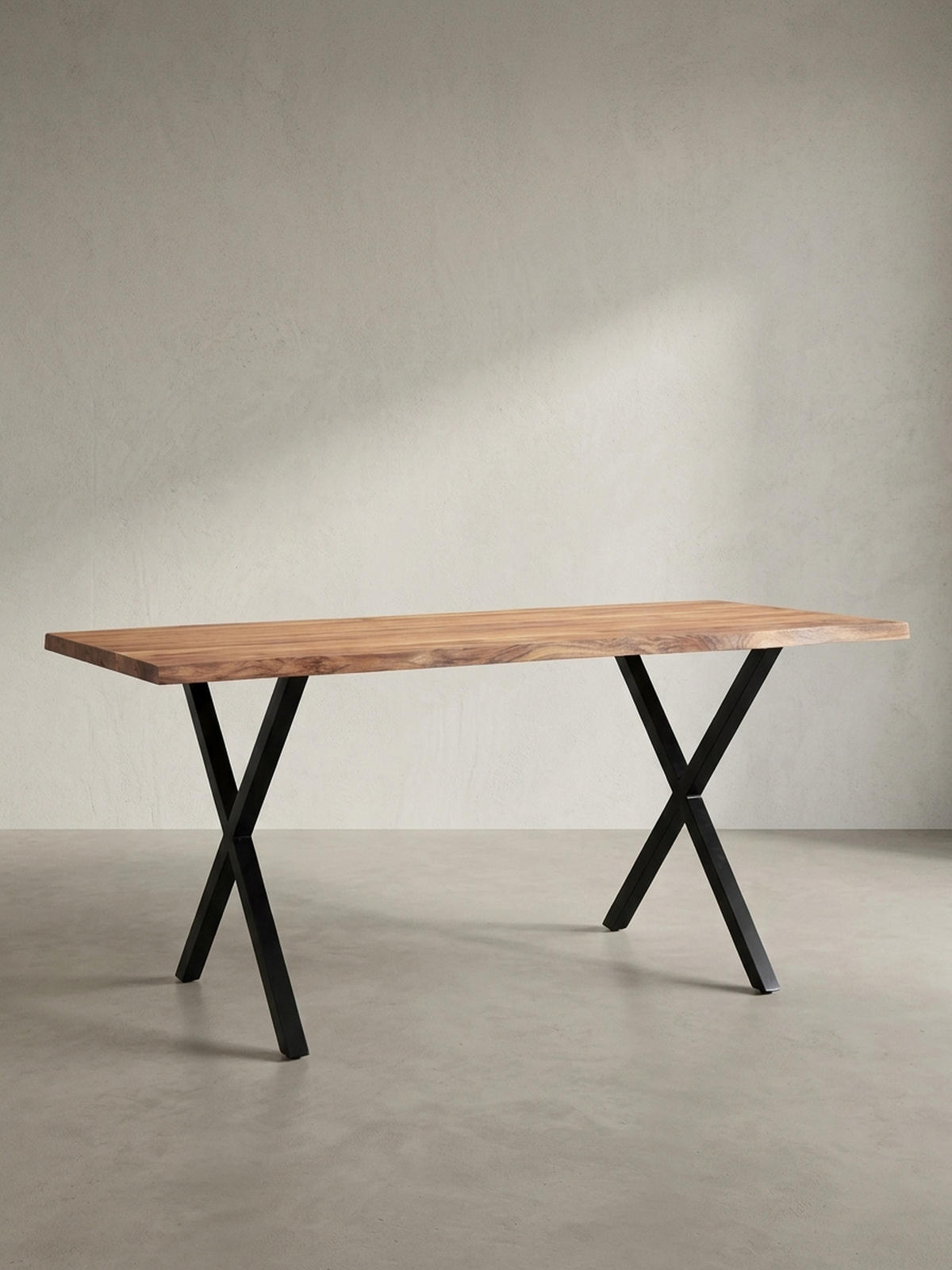 SCHREIBTISCH Massivholz X-Gestell Baumkante Handgefertigt KRETA, Goldbraun-Schwarz 160x80x76 cm - Schwarz/Braun, Holz/Metall (80/160/76cm) - KADIMA DESIGN