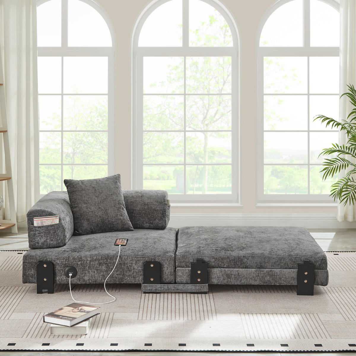 SOFA 2-in-1 mit Schlaffunktion Stoff Dark Grey - Dunkelgrau, Textil (170.5/48/84cm) - Meubliv
