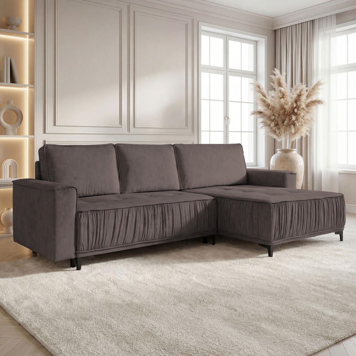 ECKSOFA Velora mit Schlaffunktion & Stauraum, Universell Rechts/Links, Braun Samt 270/92/150 cm - Schwarz/Braun, Textil/Metall (270/150cm) - WFL GROUP