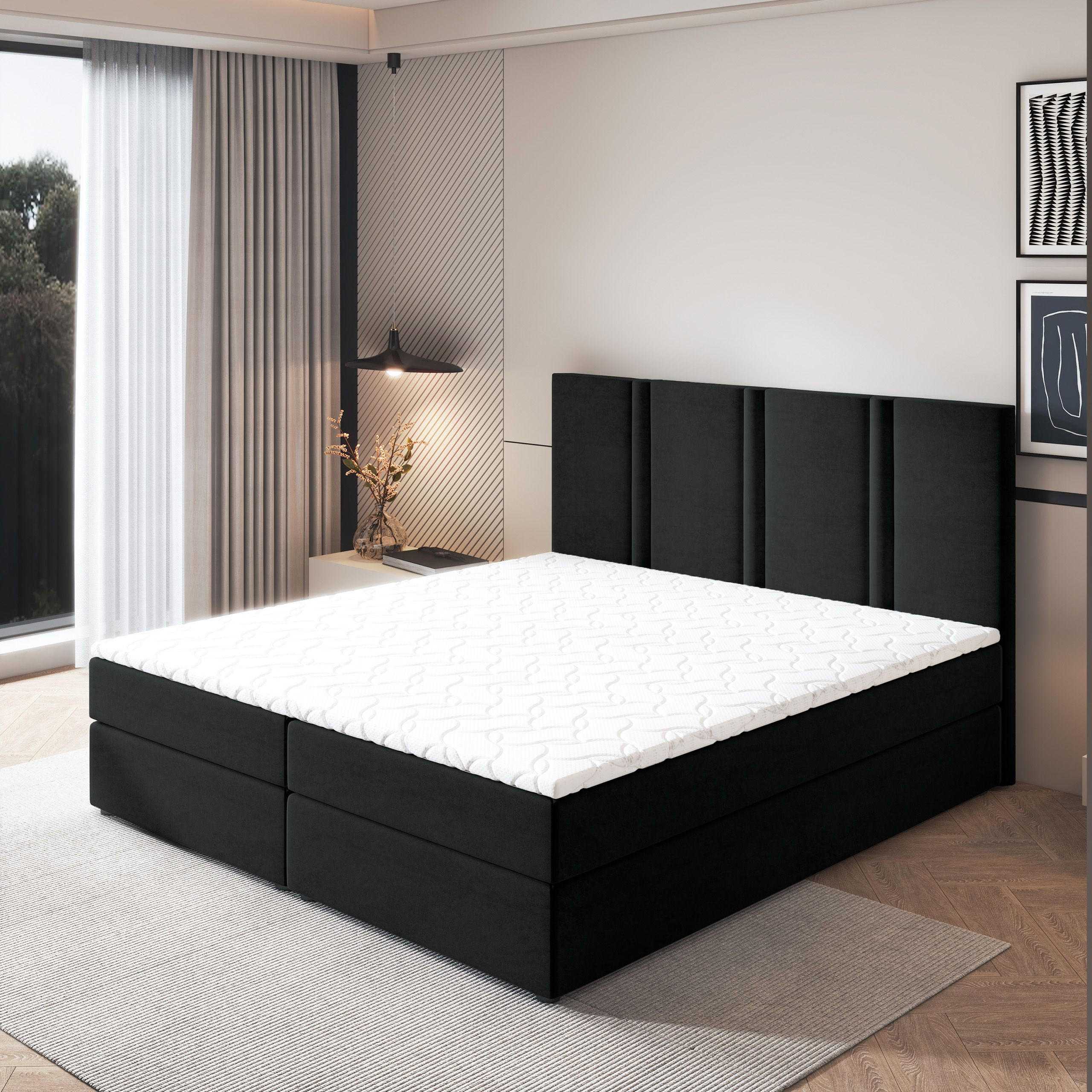 BOXBETT LARIO 180x200 cm mit Matratze und Topper - Schwarz - Schwarz, Holz (180/200cm) - MASSENO