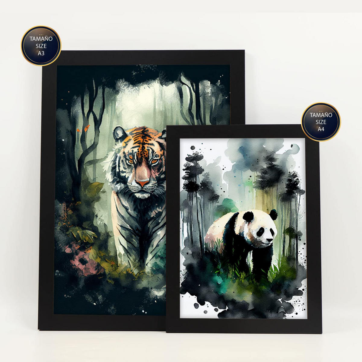 POSTER Set Mit 6 Wilde Welt Illustrationen Von Tieren In Naturlandschaften, Realistischer Aquarellstil Innenarchitektur A3 & A4 Schwarzer Rahmen - Schwarz, Papier (29/3cm) - Nacnic