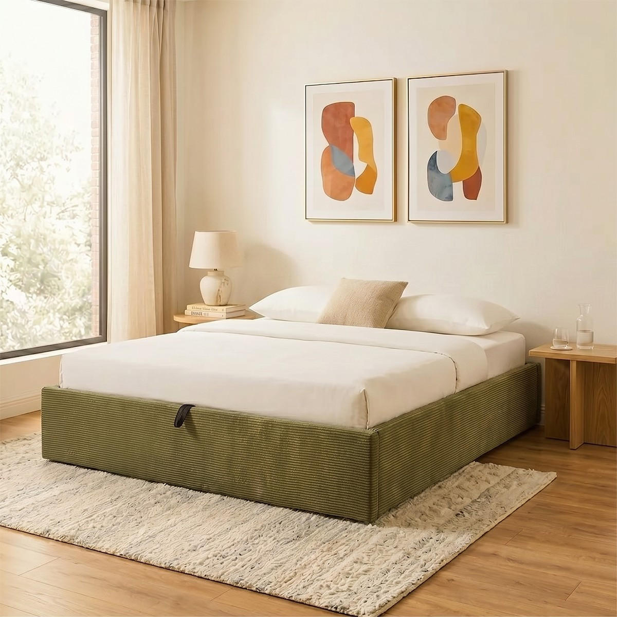BETT mit Bettkasten 160 x 200 cm aus Kordvelours, Khaki 171/36,50/215 cm - Grün, Holz (200/160cm) - Calicosy