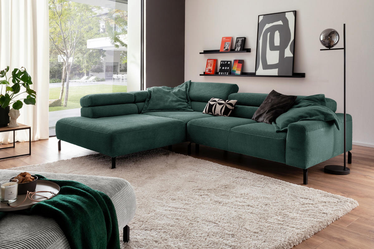 ECKSOFA MIT MOTORISCHEM SITZVORZUG DELIA Smaragdgrün Cord - Smaragdgrün/Schwarz, Textil/Metall (312/219cm) - KAWOLA