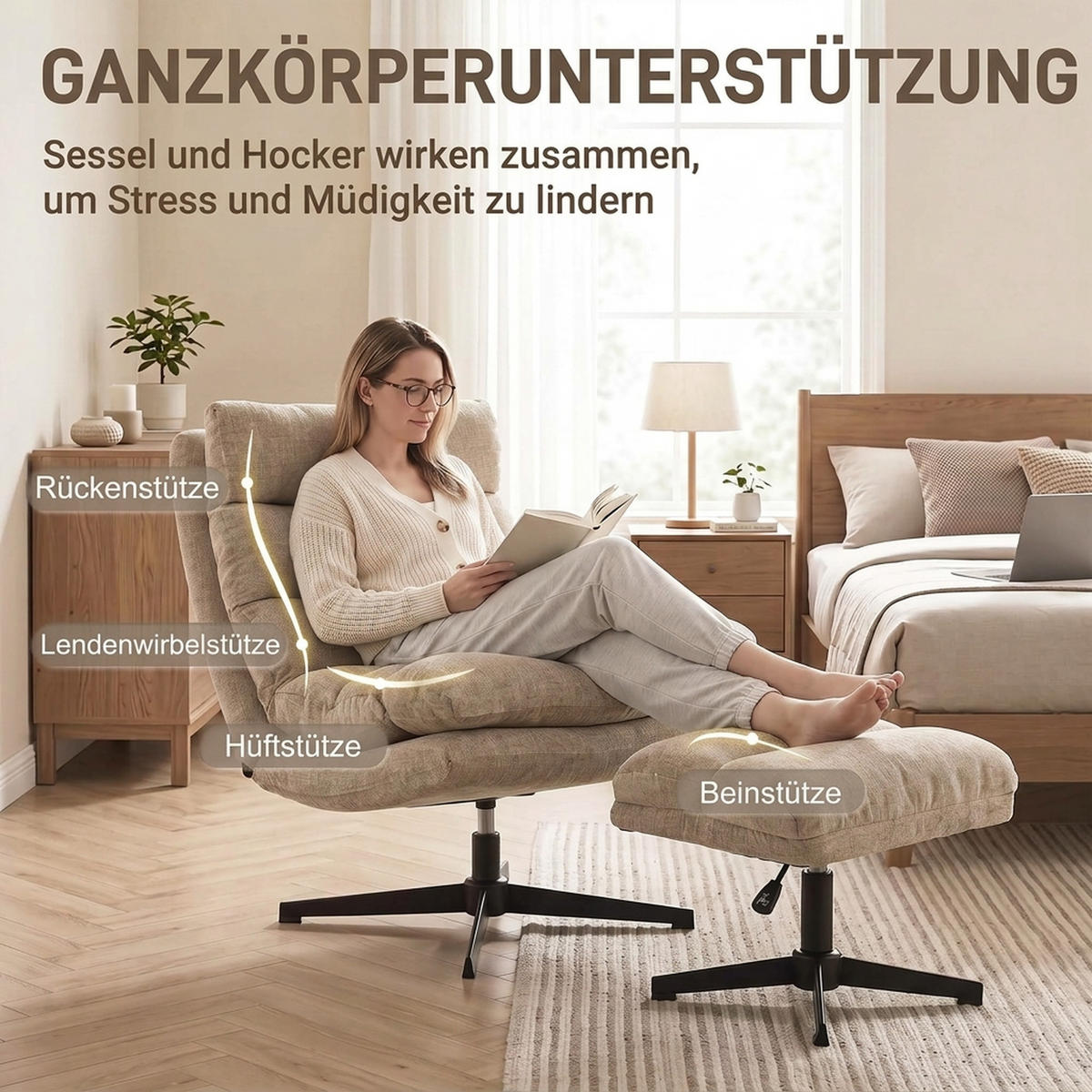 LOUNGESESSEL-MIT-FUSSHOCKER 2er Set Polyester Braun - Schwarz/Braun, Textil/Metall (79/88/94cm) - HOMCOM