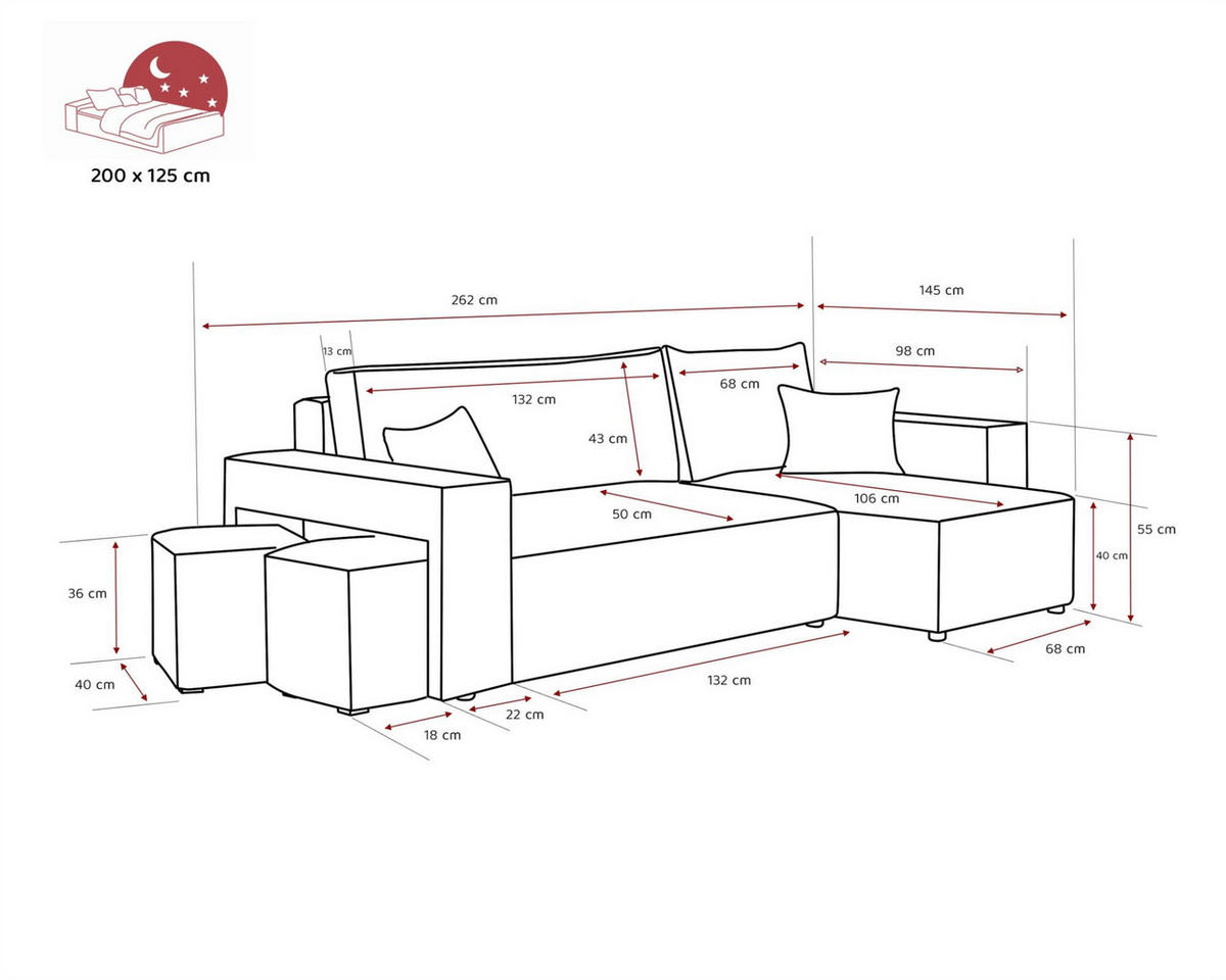 ECKSOFA Adara Inkl. Hocker - Braun, Holzwerkstoff/Textil (145/262cm) - Fun Möbel