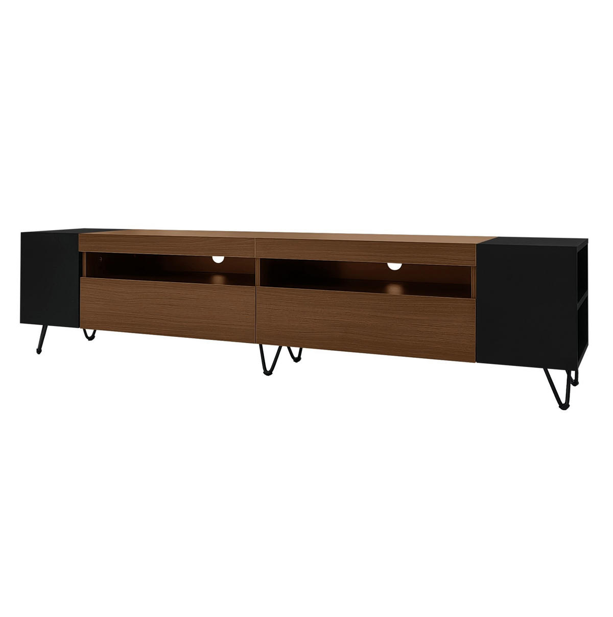 TV ormarić 180/36/43 cm crni u boji drva od MDF-a i iverice s otvorenim policama i 2 vrata - crna, drvni materijal (180/43/36cm) - OKWISH