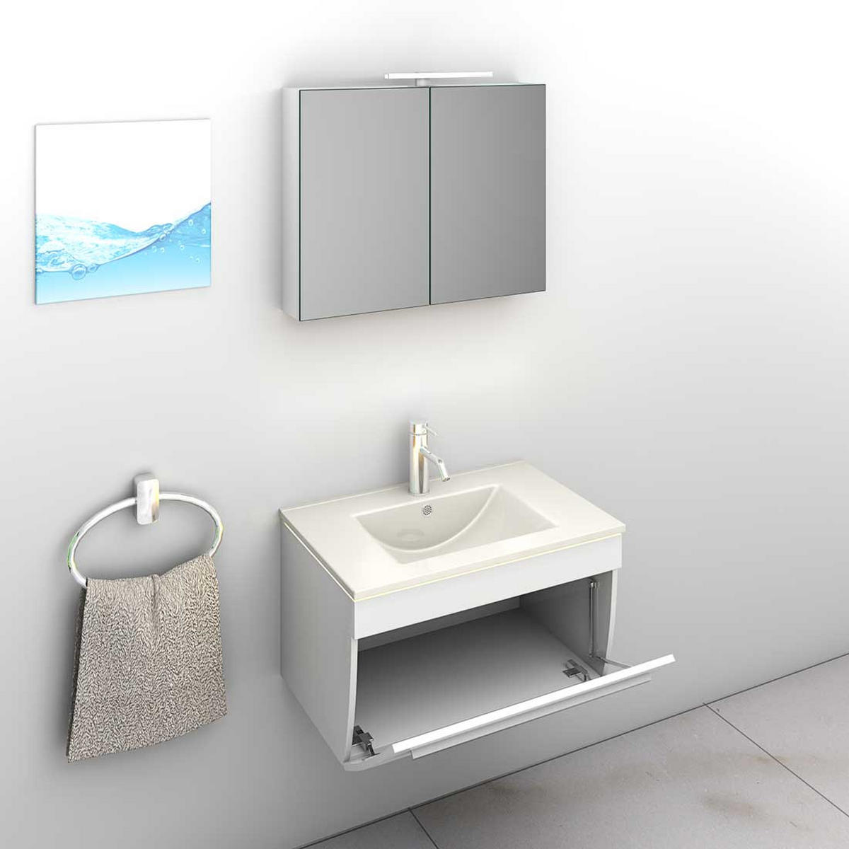 BADMÖBEL Set Gently 3 V1 Weiß MDF Waschtisch 70cm mit 1x 5W LED-Strahler - Weiß, Glas/Kunststoff (46/52/60cm) - AcquaVapore by Sandra Jentho