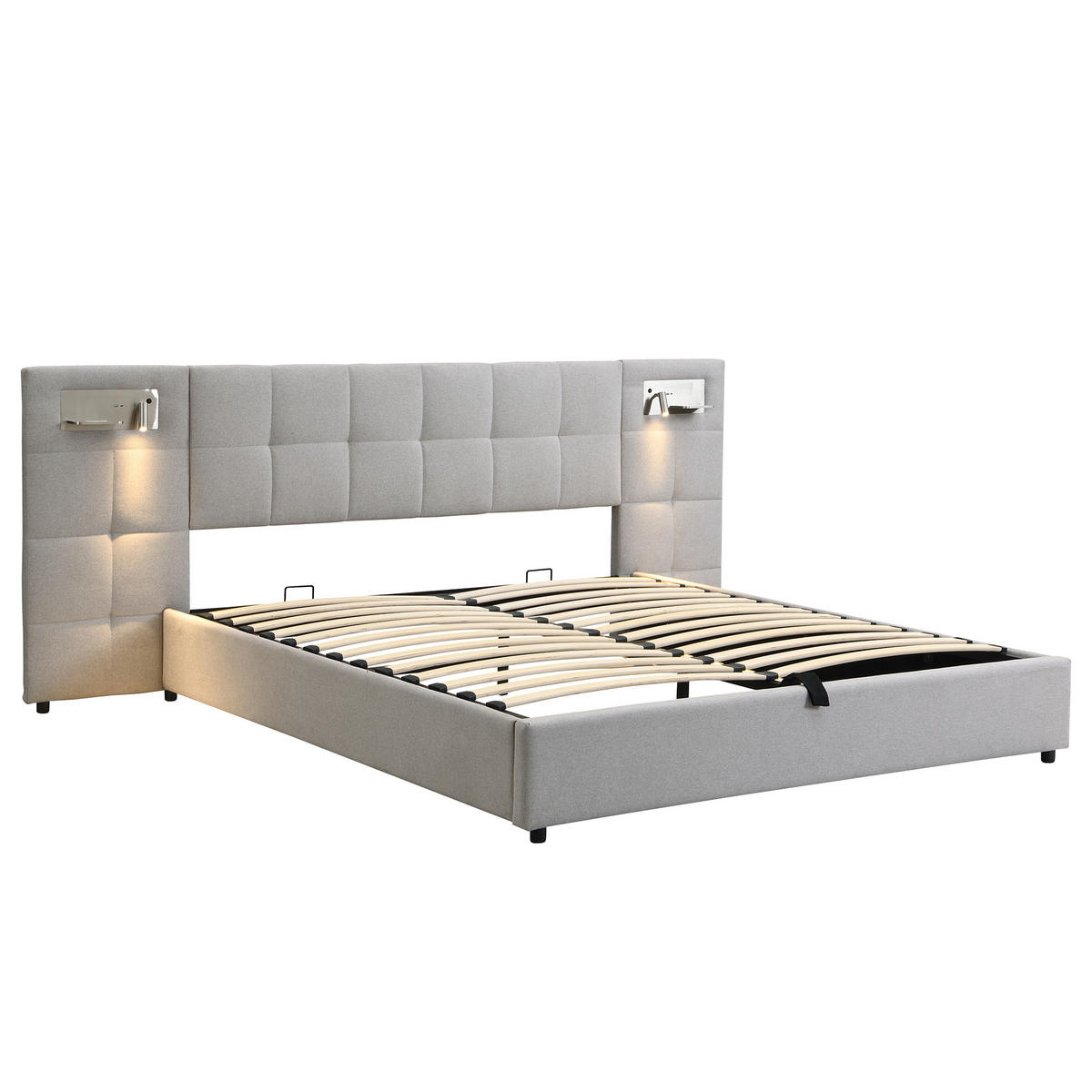 POLSTERBETT 180/200 cm mit hydraulischem Bettkasten, USB & Wireless Charging, Licht, Grau - Grau, Textil (180/200cm) - Redom