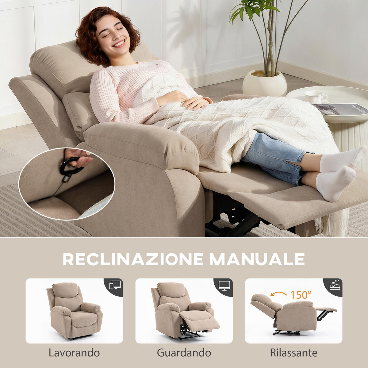 RELAXSESSEL,MANUELL dicker Stoff gepolsterte Armlehnen Fußstütze,beige - Beige, Textil (85/105/93cm) - Vallsero