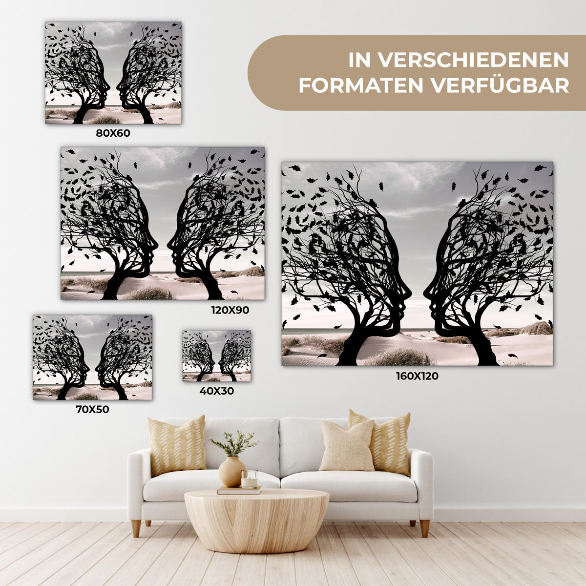 LEINWANDBILD Strand - Meer - Menschen - Baum - Moderne Kunst 40x30 cm - Hellgrau, Textil (40/30cm) - MuchoWow