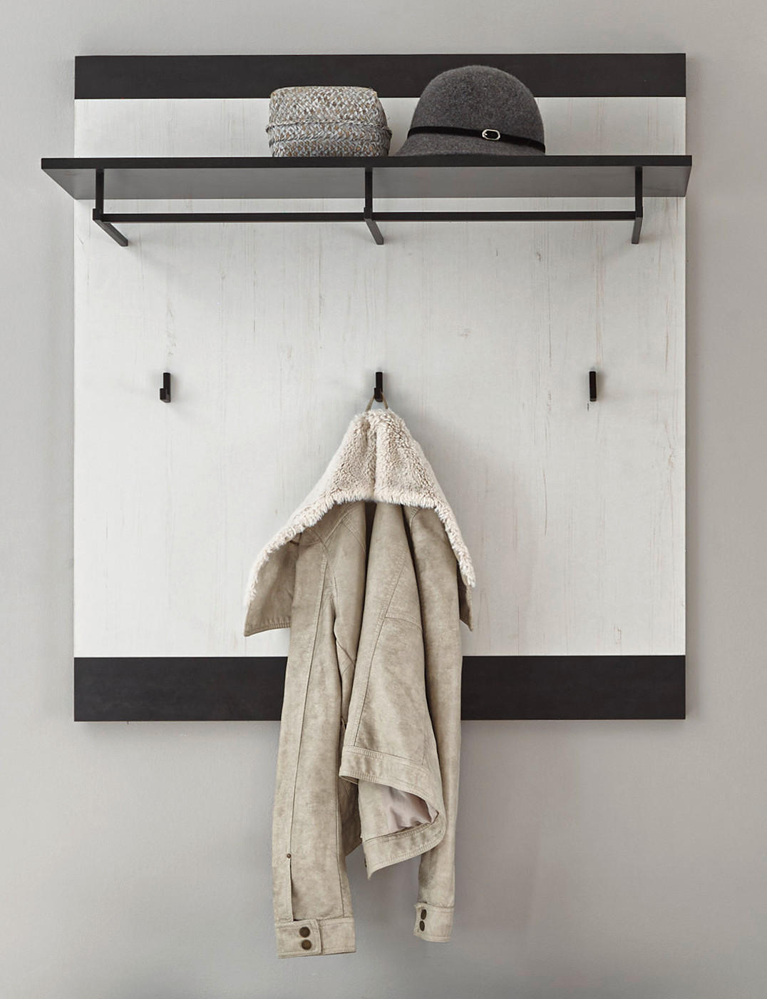GARDEROBENPANEEL weiß Pinie, anthrazit Landhaus, Wandgarderobe 92 x 100 cm - Anthrazit/Weiß, Holzwerkstoff/Metall (92/100/26cm) - Furn.Design