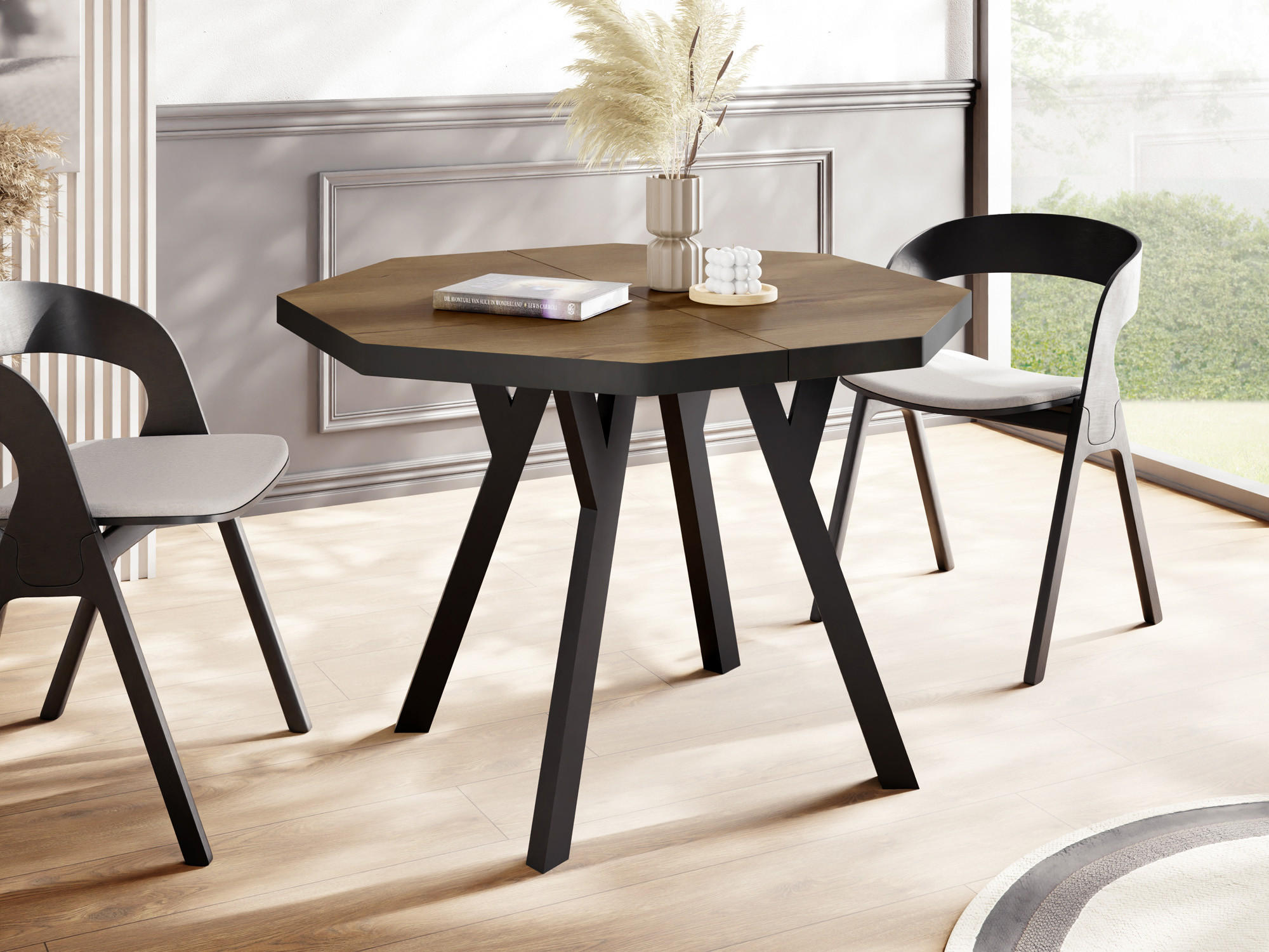 ESSTISCH Desmond achteckiger ausziehbarer, Lefkas Eiche 100-150/100/76 cm - Alteiche/Schwarz, Holz/Holzwerkstoff (100/100/76cm) - WFL GROUP