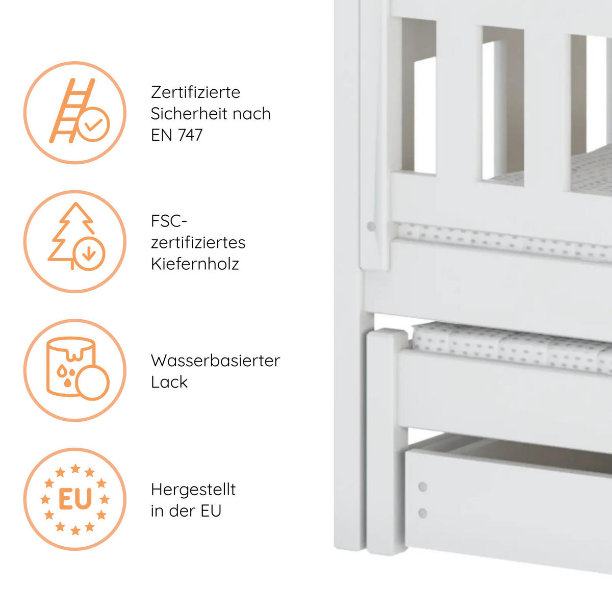 ETAGENBETT 90x200 cm mit Ausziehbett, zwei Schubladen & drei Matratzen in Weiß - Weiß, Holz (90/200cm) - Kids Collective