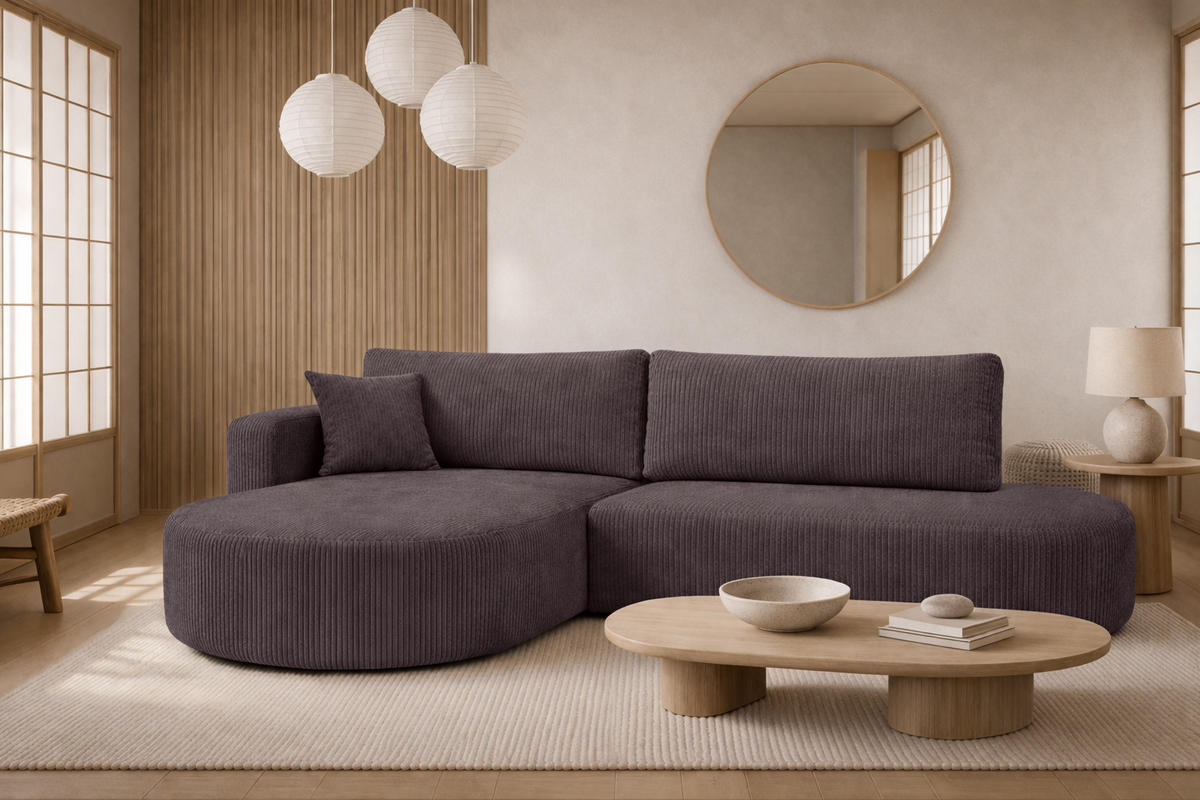 ECKSOFA Mit Schlaffunktion Und Bettkasten, Cordstoff Poso, Dunkelgrau, Links, ROUND ONE OPEN XL - Dunkelgrau, Holz (262/175cm) - Kaiser Möbel