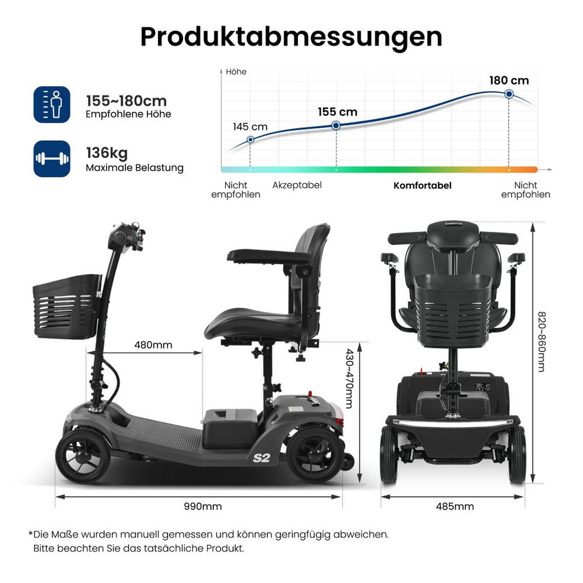 ELEKTROMOBIL faltbar Seniorenmobil,250 W,25 km,12Ah 4-Rad-Scooter,Schwarz - Schwarz, Metall (48.5/86/99cm) - LVHOM