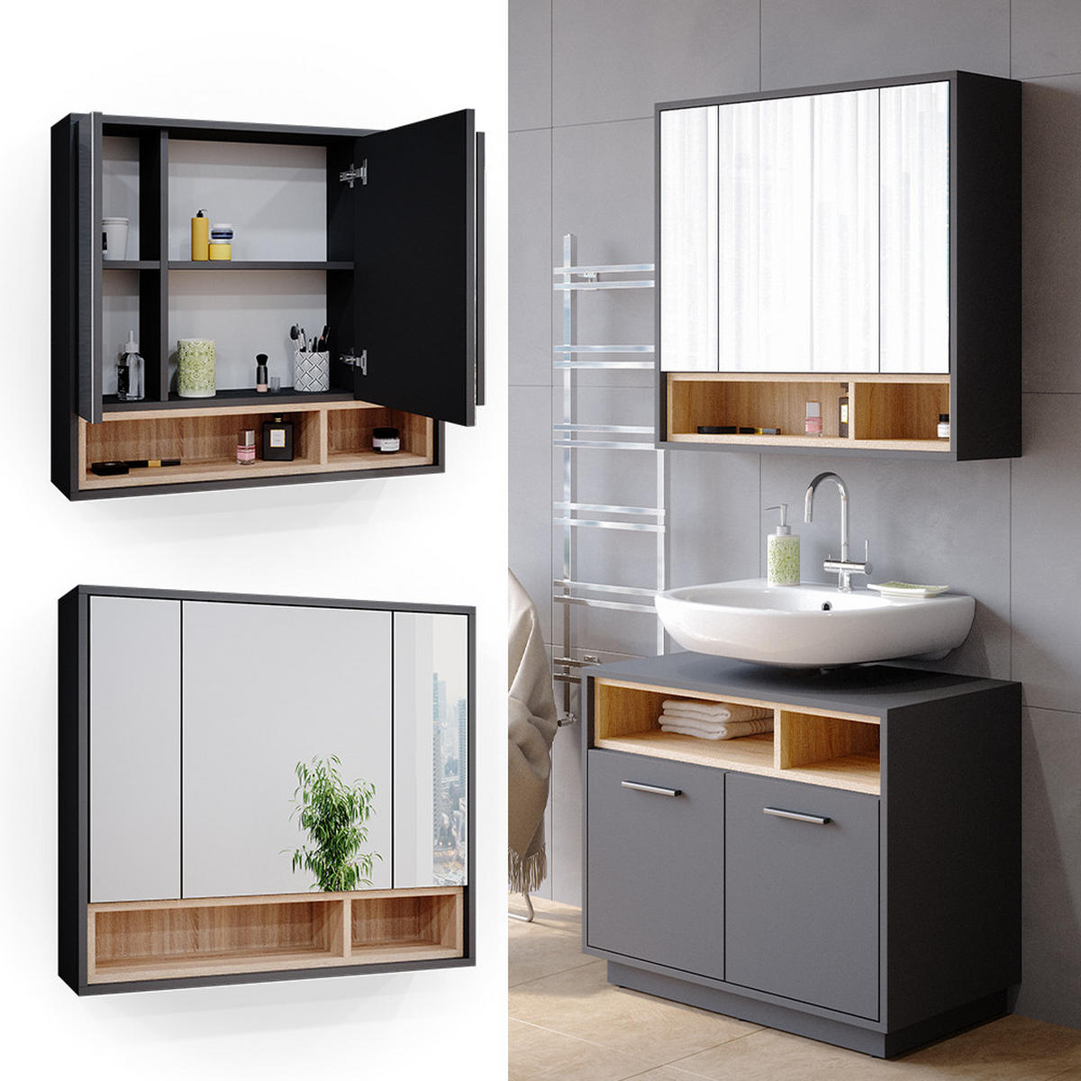 BADSPIEGELSCHRANK Beatrice Anthrazit 80 x 72 cm - Anthrazit, Holzwerkstoff (80/72/20cm) - Vicco