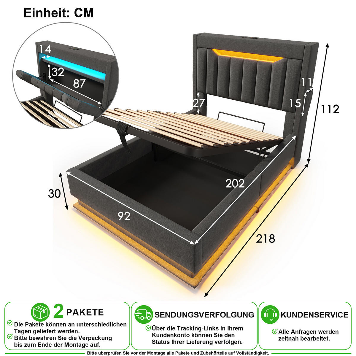 ČALOUNĚNÁ POSTEL 90/200 cm v šedé barvě s úložným prostorem, LED a USB - šedá, kov/kompozitní dřevo (90/200cm) - CHICFURN
