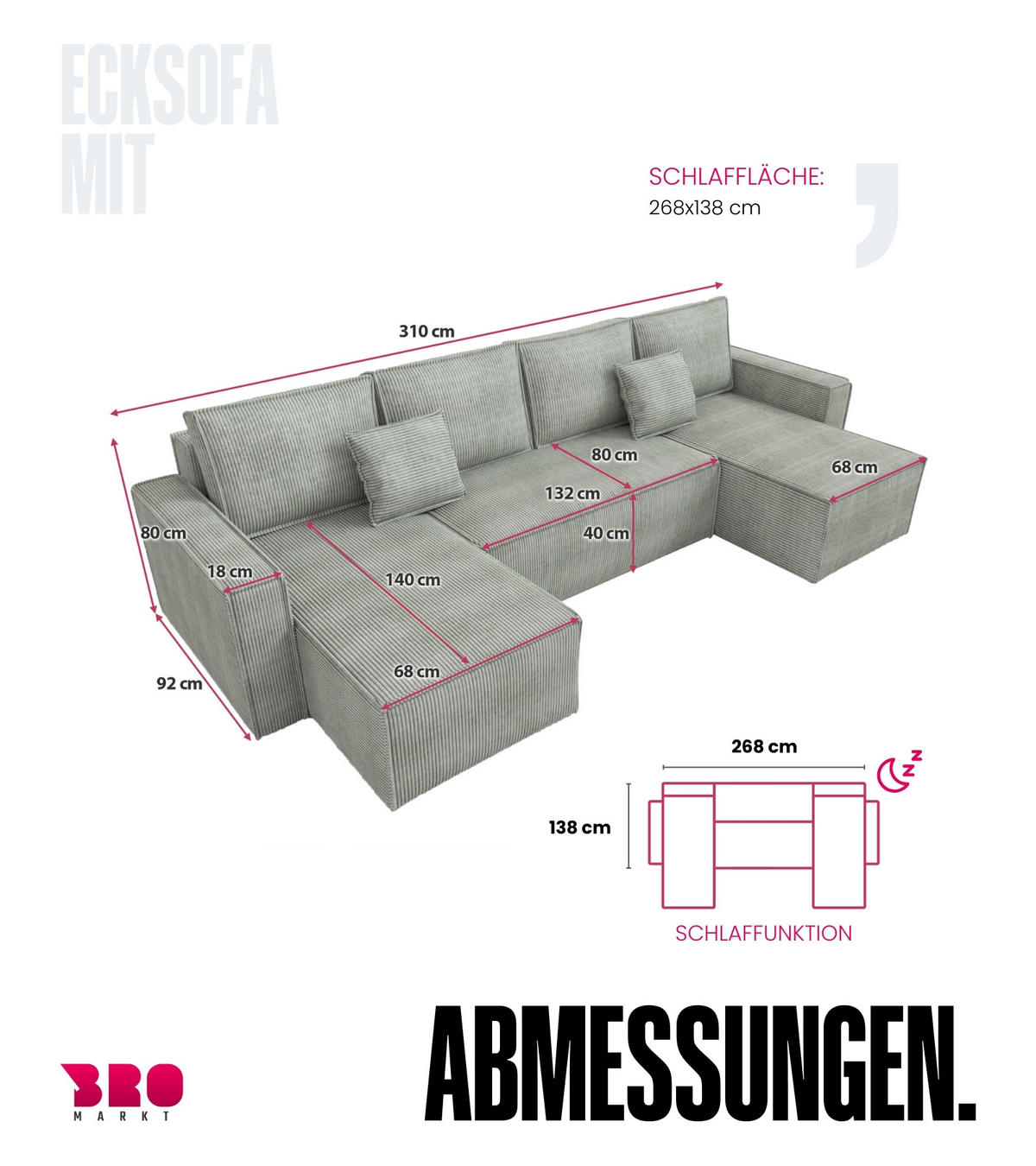 WOHNLANDSCHAFT Dexter U mit Schlaffunktion Grau Cord - Grau, Textil (310/80/141cm) - Bromarkt