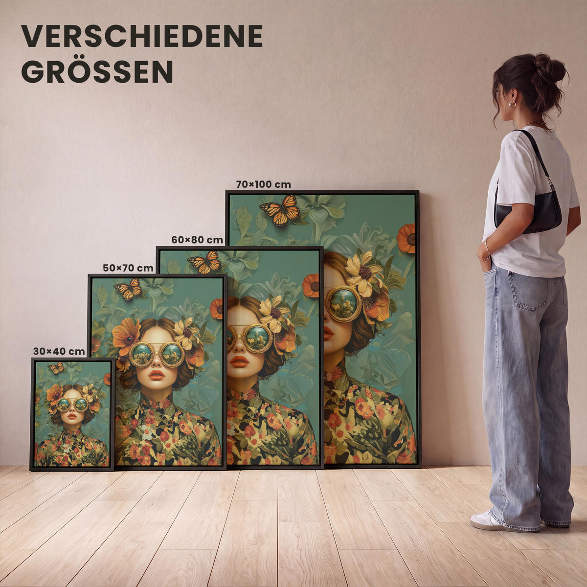 LEINWAND Bilder mit Rahmen - Frau - Blumen - Schmetterlinge - Natur - Vintage - 30x40 - Salbeigrün, Textil (30/40cm) - MuchoWow