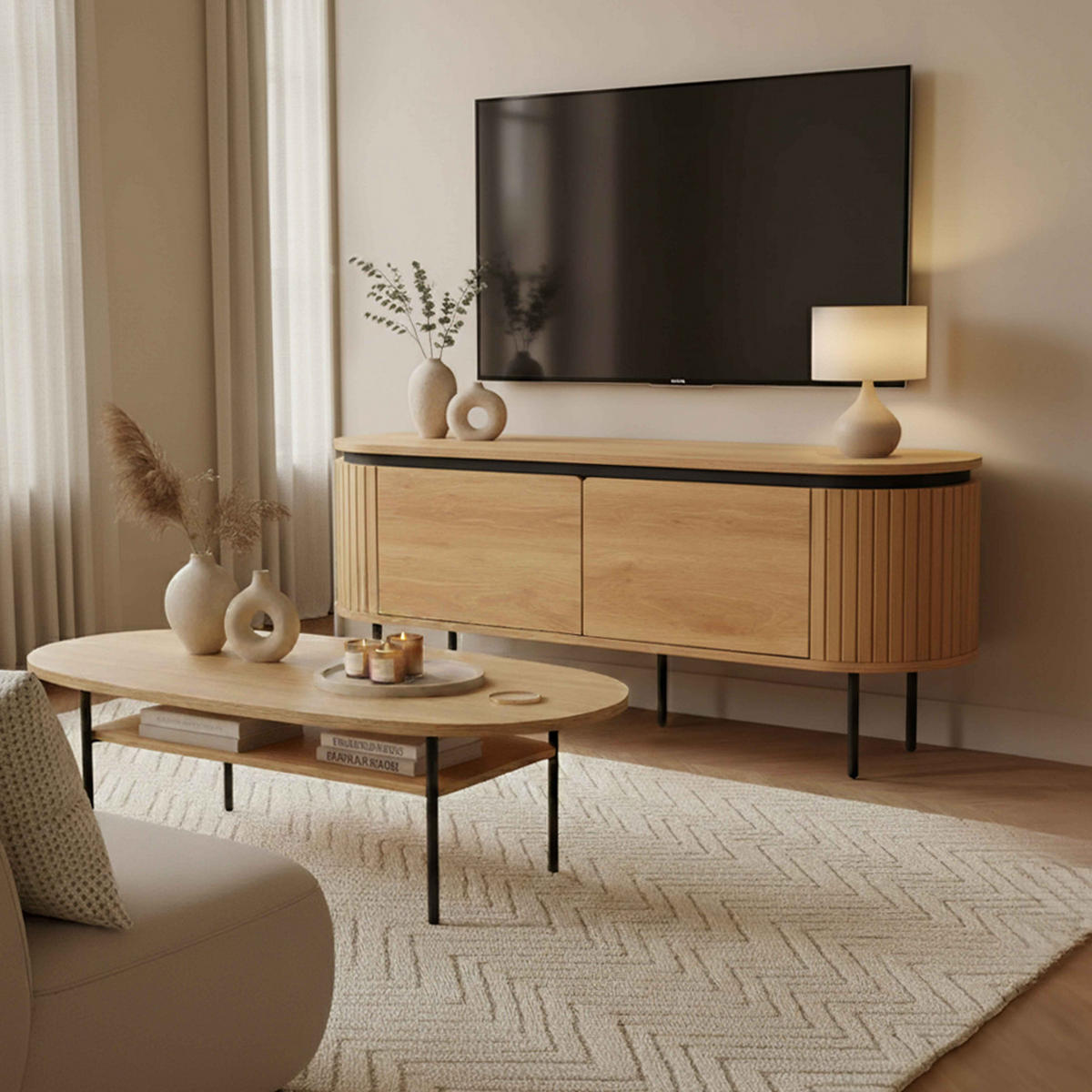 TV-SCHRANK, helles Holzeffekt - Beige, Holz/Metall (120/55/40cm) - Oviala