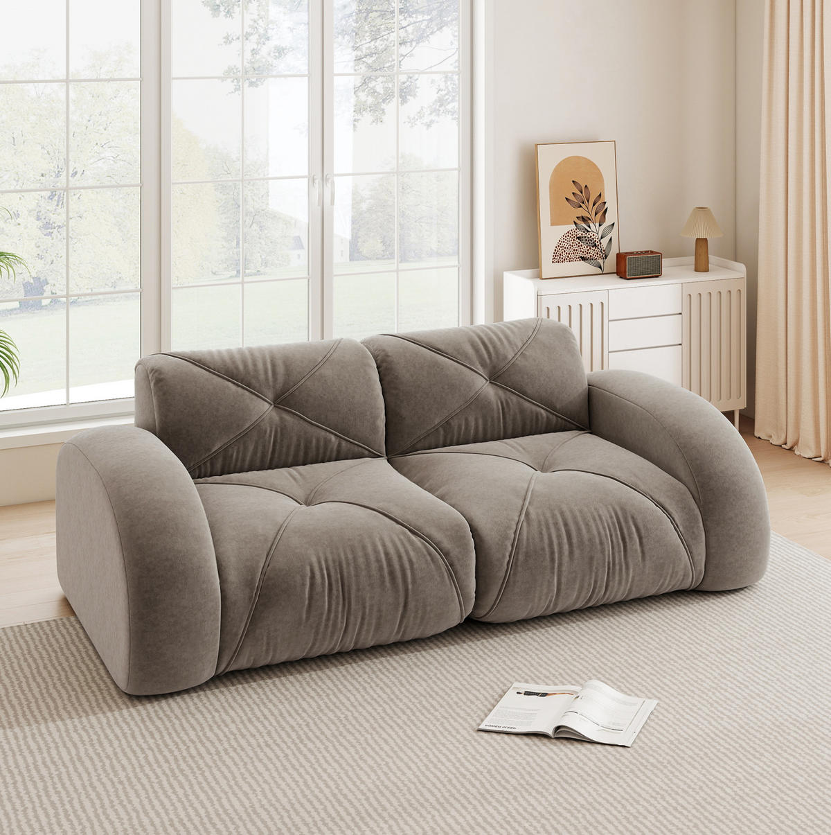 SOFA 204/95/76 cm in Taupe aus Chenille, rahmenlos und flexibel - Taupe, Textil (95/76/204cm) - Flora Grace