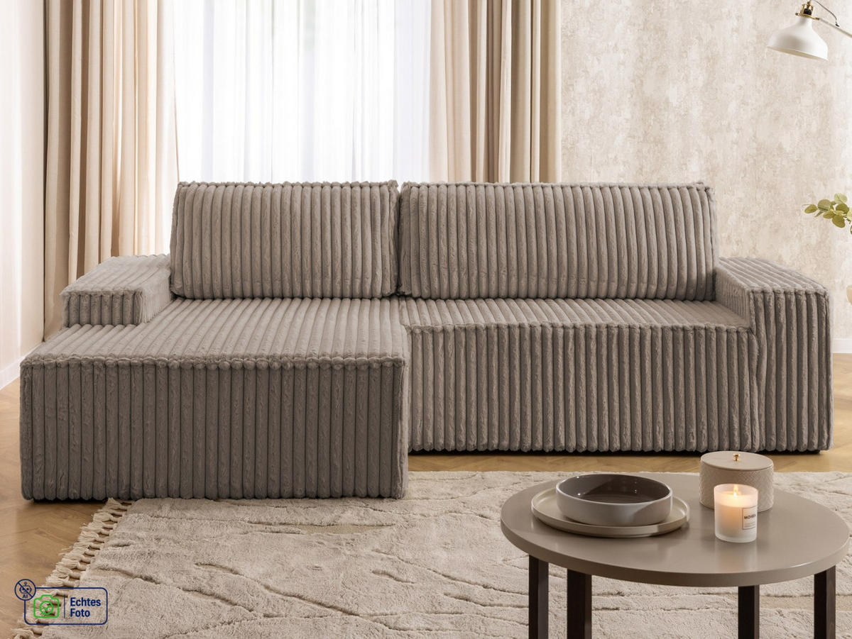 ECKSOFA Rivio mit Schlaffunktion und Bettkasten, Plüschcord Taupe - Taupe/Schwarz, Holz/Kunststoff (149/262cm) - S-Style