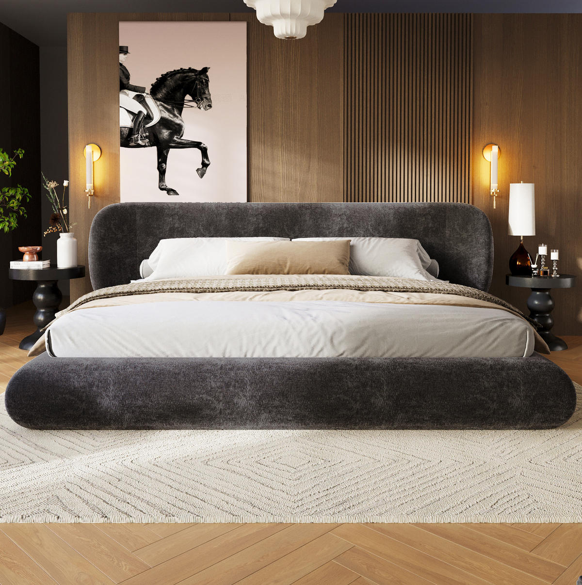 POLSTERBETT aus Chenille 180x200 cm Grau mit Lattenrost und gepolstertem Kopfteil - Grau, Textil (180/200cm) - Modfu