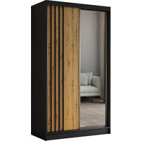 SCHWEBETÜRENSCHRANK Neli 120 cm mit Lamellen und Spiegel 2-türig, schwarz, Artisan, Lamelle schwarz - Schwarz/Braun, Kunststoff (120/216/61cm) - Margaret Hadas24
