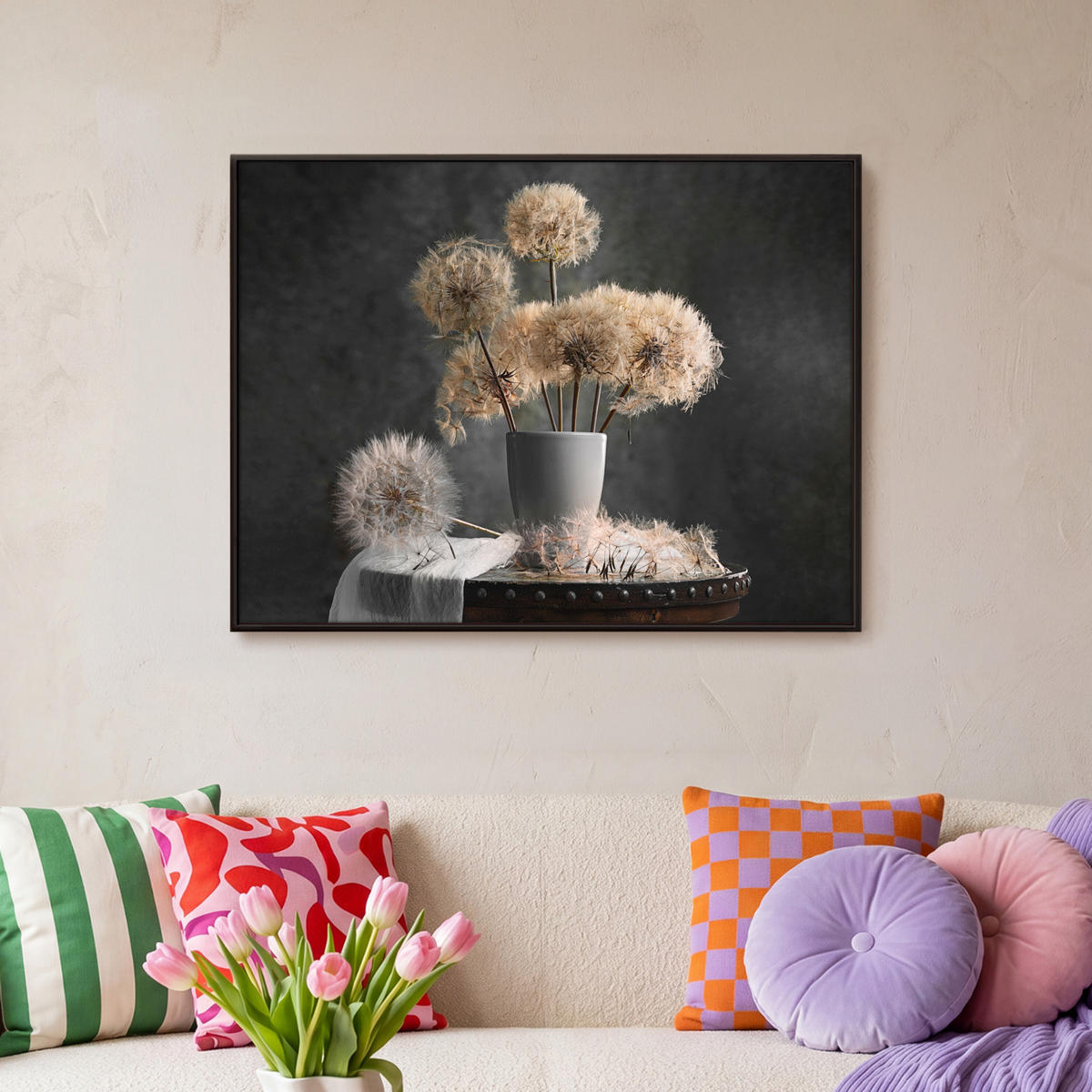 LEINWAND Bilder mit Rahmen - Blumensamen - Löwenzahn - Vase - Stilleben - Blumenstrauß - 80x60 - Dunkelgrau, Textil (80/60cm) - MuchoWow
