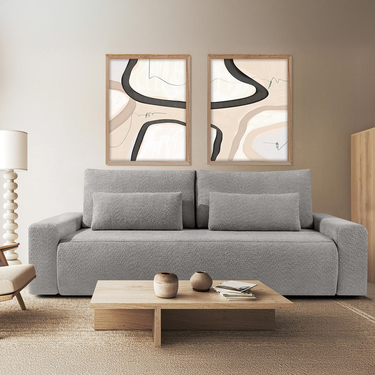 3-SITZER SCHLAFSOFA MOLLIS, Bouclé, Stahl - Edelstahlfarben, Holz/Holzwerkstoff (250/93/108cm) - KONSIMO®