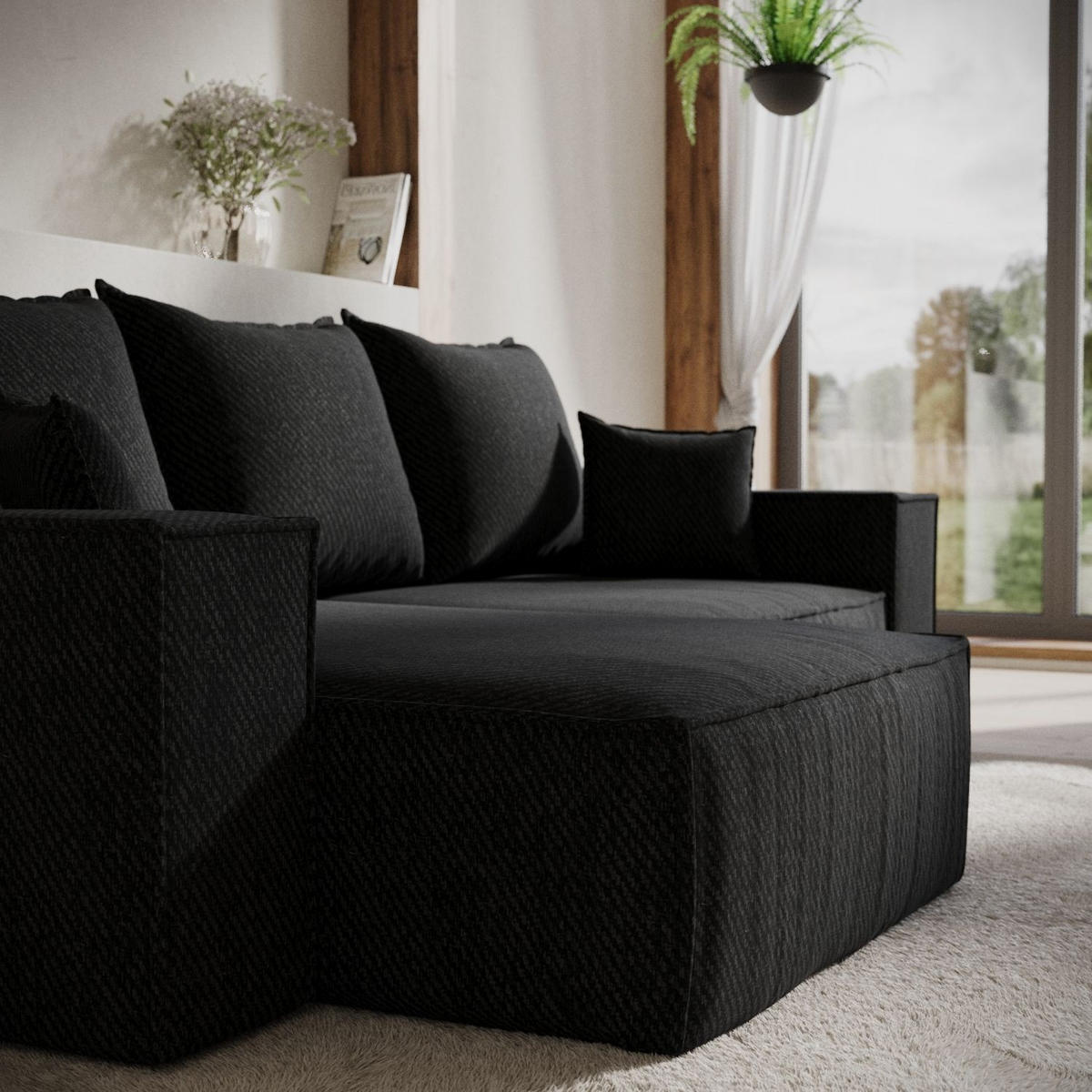 ECKSOFA SENSO mit Schlaffunktion Schwarz im Neve Stoff - Schwarz, Holz/Holzwerkstoff (255/148cm) - AltaBeds