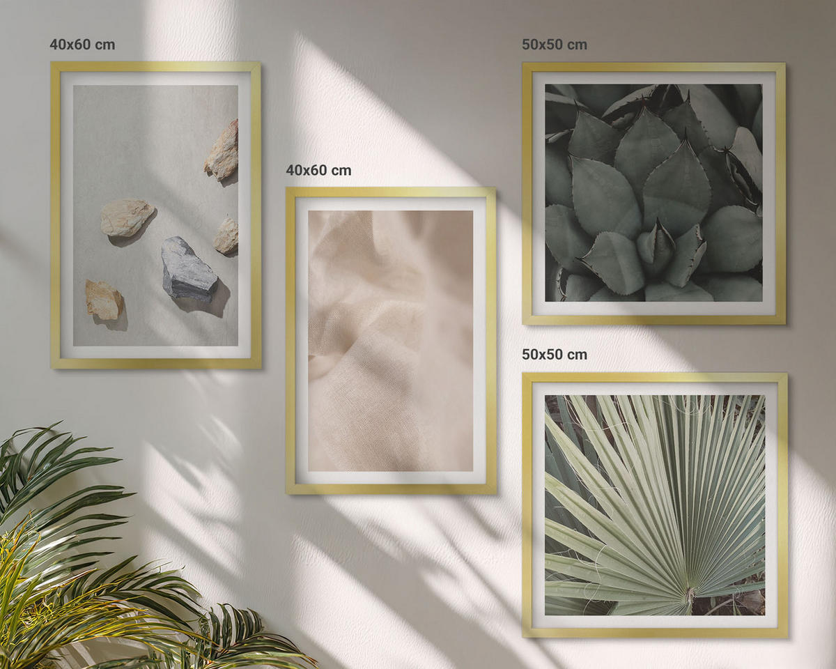 WANDBILDER 4er Set - 50x50 cm & 40x60 cm Goldrahmen - Steine, Holz, Stofftexturen - Goldfarben, Kunststoff (50/50cm) - ArtPrintCave